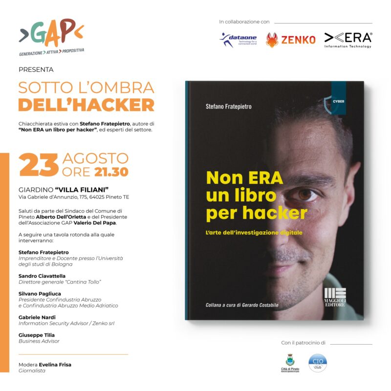Locandina dell’evento sulla cybersecurity ‘Sotto l’ombra dell’hacker’, 23 agosto 2024 a Pineto (Abruzzo), con la partecipazione di Dataone, Zenko e Gruppo Xera