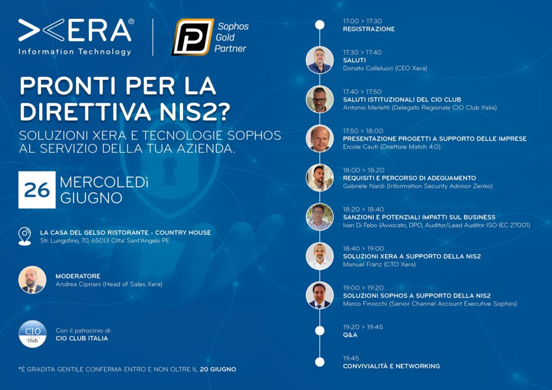 Immagine promozionale con timeline e partecipazioni per l’evento sulla Direttiva NIS2 del 26 giugno 2024, organizzato da Gruppo Xera in collaborazione con Sophos Italia a La Casa del Gelso, Città Sant’Angelo (PE)